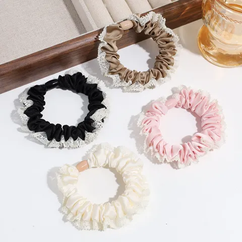 Elegant Satin Lace Trim Scrunchie With Bead Accents Solid Color High Elastic Hair Band Fashion Hair Accessories For Women Daily Commute