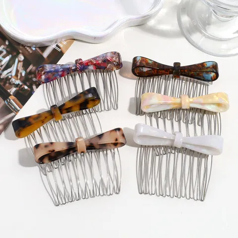 Acetate Butterfly Bow Hair Comb Metal Teeth Hair Clip Leopard Print Hairpin Retro Anti-Slip Side Comb Women Accessories