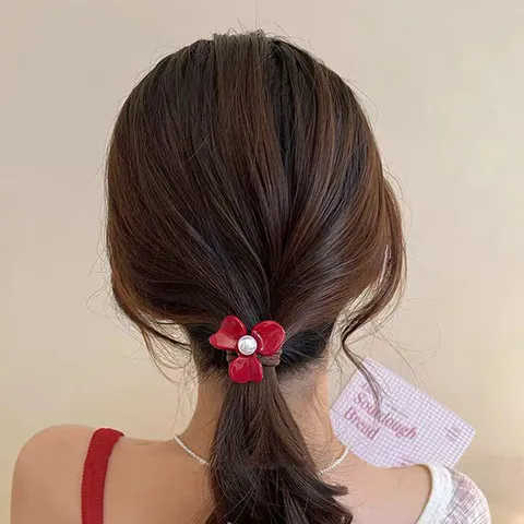 Fashion Plastic Resin Hair Ties For Women Flower Bear Dog Pattern Elastic Ponytail Holders Artificial Pearl Embellished Elegant Handmade Hairwear Accessory