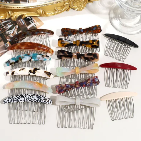 Vintage Acetate Bow Hair Side Comb Elegant Marble Pattern Metal Teeth Hair Clip Styling Hair Stick Accessory For Women
