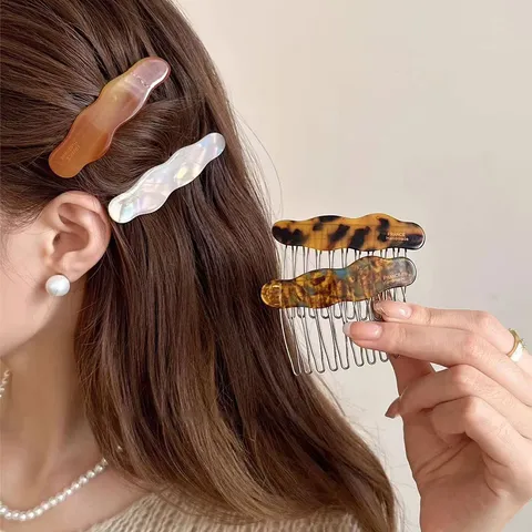 Vintage Acetate Bow Hair Side Comb Elegant Marble Pattern Metal Teeth Hair Clip Styling Hair Stick Accessory For Women