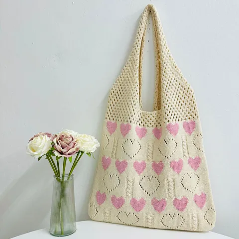 Damen Gestrickte Herz Einkaufstasche Hohl Gehäkelte Schultertasche Strand Einkaufstasche Casual Große Kapazität Strick Handtasche
