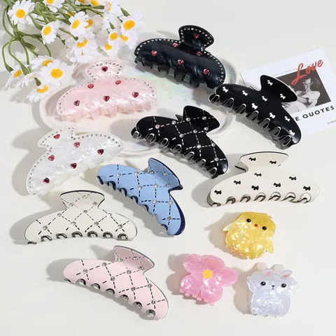 Korean Fashion Rhinestone Hair Claw Clips For Women Cellulose Acetate Plaid Heart Animal Goldfish Lotus Flower Hair Accessories