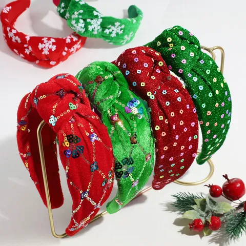 Diadema de Navidad con Lentejuelas Anudada Banda para el Cabello de Terciopelo Ancha Fiesta Festiva Rojo Verde Brillante Accesorios para el Cabello para Mujeres