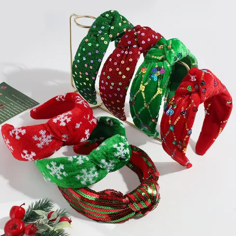 Diadema de Navidad con Lentejuelas Anudada Banda para el Cabello de Terciopelo Ancha Fiesta Festiva Rojo Verde Brillante Accesorios para el Cabello para Mujeres