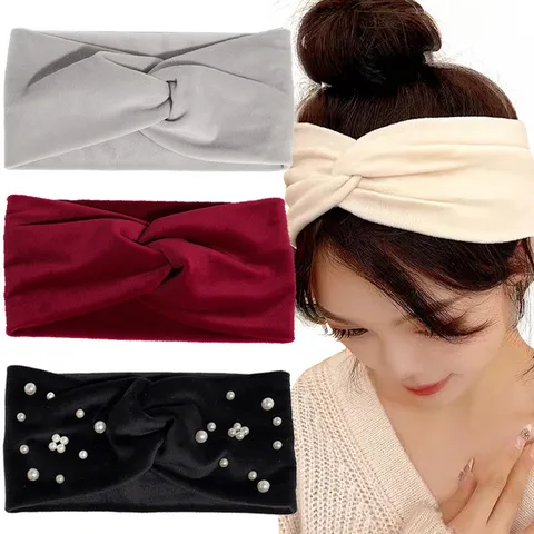 Women Velvet Cross Elastic Headband Artificial Pearl Embellished Solid Color Sports Sweatband Simple Hair Accessories