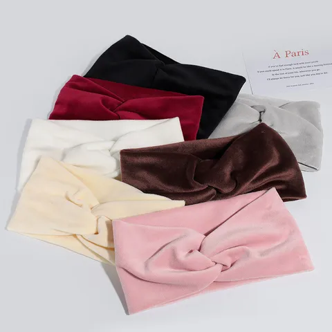 Women Velvet Cross Elastic Headband Artificial Pearl Embellished Solid Color Sports Sweatband Simple Hair Accessories