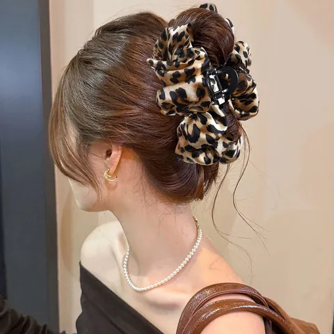 Pinza de Pelo de Lazo Con Estampado de Leopardo de Moda Para Mujer Satén Envuelto Resina Pinza de Tiburón Grande Accesorios