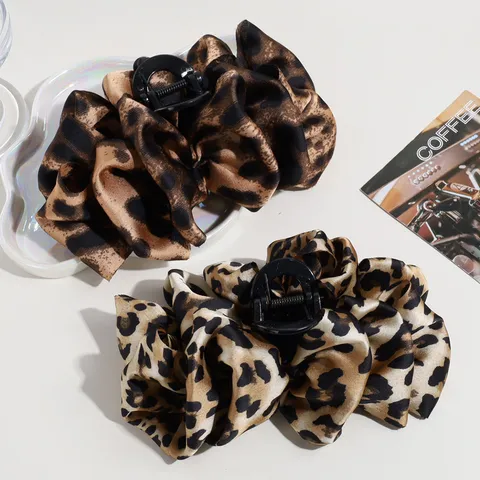 Pinza de Pelo de Lazo Con Estampado de Leopardo de Moda Para Mujer Satén Envuelto Resina Pinza de Tiburón Grande Accesorios