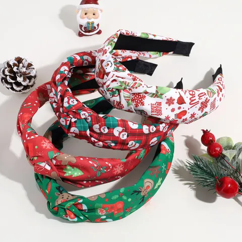 Christmas Knotted Wide Headband Printed Fabric Hair Band Snowflake Snowman Elk Pattern Holiday Hair Accessories For Women