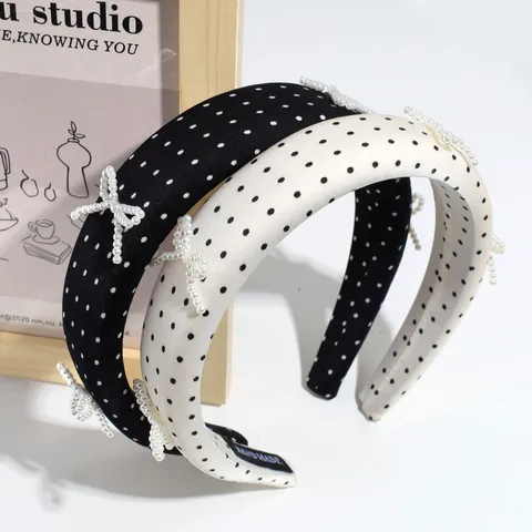 Fashion Fabric Headband With Artificial Pearl Bowknot Rhinestone Sponge Thick Padded Hairband Elegant Headwear For Women Daily Commute Accessory