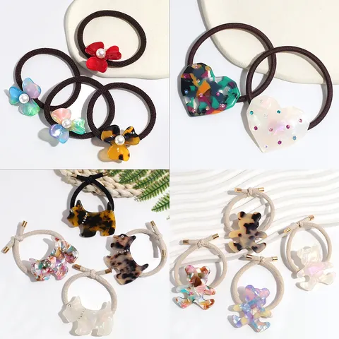 Fashion Plastic Resin Hair Ties For Women Flower Bear Dog Pattern Elastic Ponytail Holders Artificial Pearl Embellished Elegant Handmade Hairwear Accessory