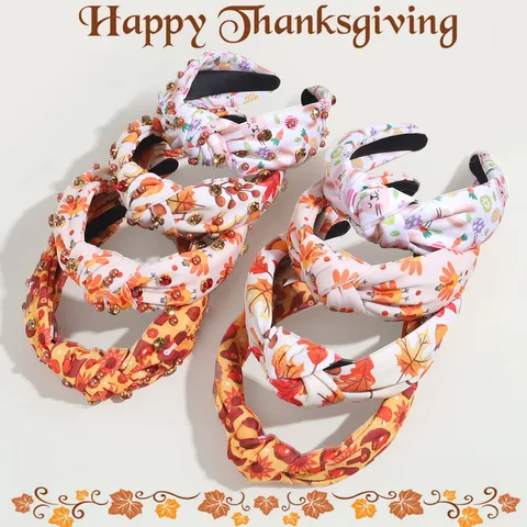 Thanksgiving Maple Leaf Turkey Wide Knotted Fabric Headband Fashion Rhinestone Artificial Pearl Holiday Party Hair Band Gift For Women