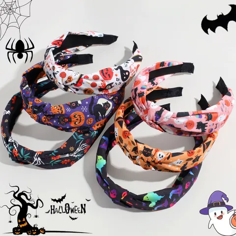 Halloween Knotted Headband Wide Fabric Hairband Skull Pumpkin Ghost Pattern Festival Party Hair Accessories For Women