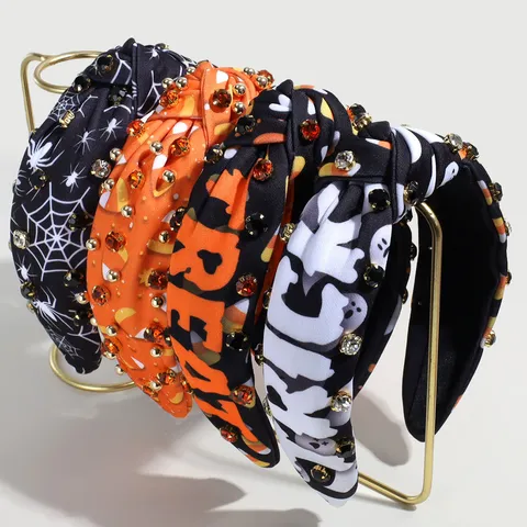 Halloween Wide Brim Knotted Headband Spider Web Ghost Pattern Rhinestone Hair Hoop Gothic Party Hair Accessory For Women