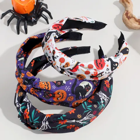 Halloween Knotted Headband Wide Fabric Hairband Skull Pumpkin Ghost Pattern Festival Party Hair Accessories For Women