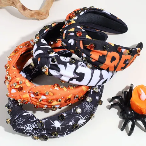Halloween Wide Brim Knotted Headband Spider Web Ghost Pattern Rhinestone Hair Hoop Gothic Party Hair Accessory For Women