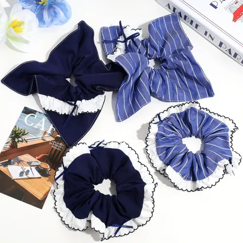 French Elegant Fabric Lace Ruffle Scrunchie Sweet Ribbon Bow Hair Tie Cute Floral Stripe Large Elastic Hair Bands For Women Girls Daily Hair Accessories