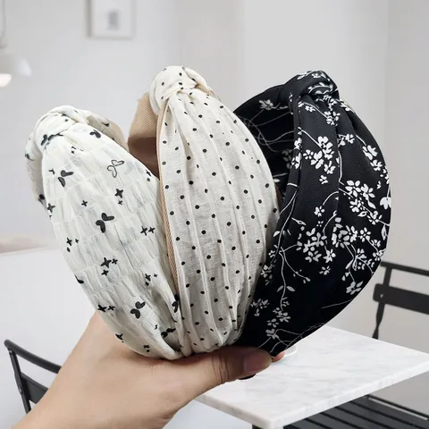 Minimalist Black White Polyester Wide Knotted Headband Trendy Floral Polka Dot Butterfly Print Bowknot Hair Band For Women Daily Headwear