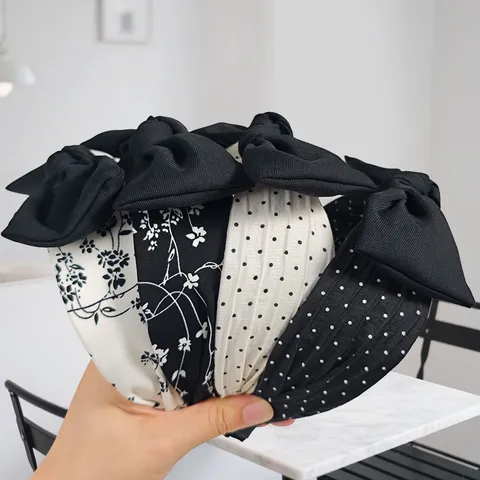 Minimalist Black White Polyester Wide Knotted Headband Trendy Floral Polka Dot Butterfly Print Bowknot Hair Band For Women Daily Headwear
