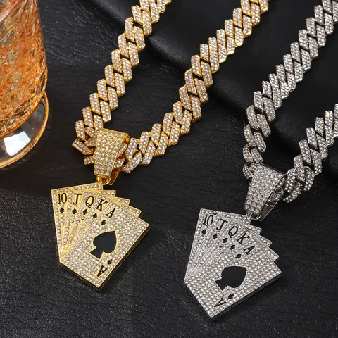 Hip Hop Poker Card Pendant Necklace For Men Alloy Rhinestone Royal Flush Black Spade A Pendant Cuban Twist Chain Punk Jewelry