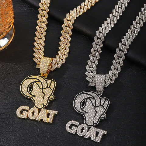 Collana con Ciondolo Testa di Capra Hip Hop Iced Out in Lega con Strass Ciondolo Lettera GOAT Catena Cubana Fune per Uomo Gioielli Streetwear