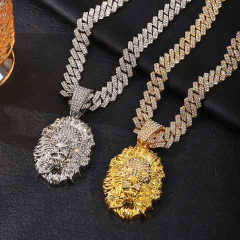 Hip Hop Legering Strass Leeuwenkop Hanger Halsketting Voor Heren Goud Zilver Cubaanse Schakelketting Punk Streetwear Sieraden