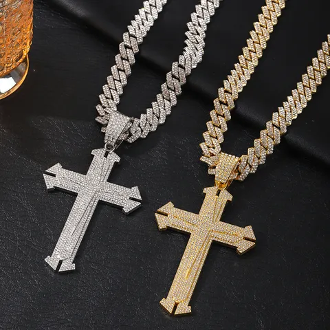Hip Hop Σταυρός Μενταγιόν Κολιέ Κράμα Iced Out Bling Στρας Κουβανέζικη Αλυσίδα Twist Αλυσίδα Χρυσό Ασημί Κοσμήματα για Άνδρες Πάρτι