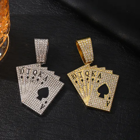 Hip Hop Poker Card Pendant Necklace For Men Alloy Rhinestone Royal Flush Black Spade A Pendant Cuban Twist Chain Punk Jewelry