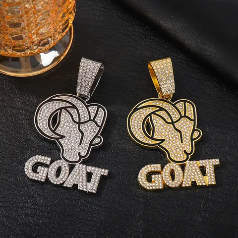 Collana con Ciondolo Testa di Capra Hip Hop Iced Out in Lega con Strass Ciondolo Lettera GOAT Catena Cubana Fune per Uomo Gioielli Streetwear