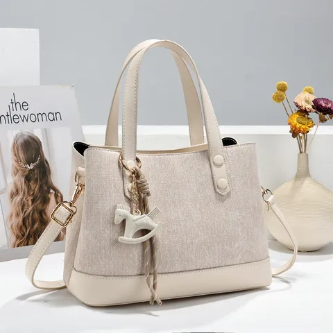 Korean Patchwork Tote Bag For Women Large Capacity Shoulder Crossbody Bag With Horse Charm Commuter PU Leather Fabric Bag