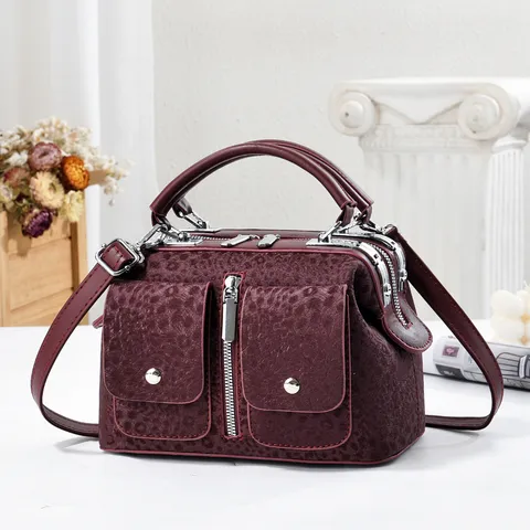 Vintage Leopard Print Boston Bag For Women Embossed PU Leather Pillow Handbag Double Front Zipper Pocket Shoulder Crossbody Bag Casual Commuting Top Handle Bag