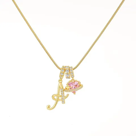 Collana con Lettera a Cuore in Rame Zirconia per Donna Catena a Serpente Oro Ciondolo a Cuore Rosa Saturn Orb Accessori Catena da Clavicola