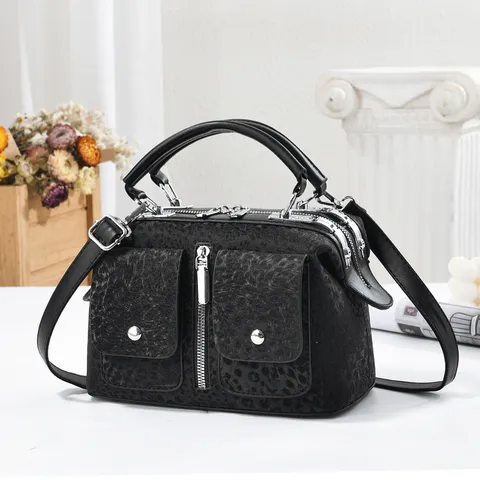 Vintage Leopard Print Boston Bag For Women Embossed PU Leather Pillow Handbag Double Front Zipper Pocket Shoulder Crossbody Bag Casual Commuting Top Handle Bag