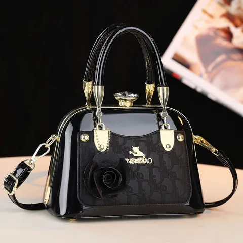 Borsa da Donna Vintage in Pelle Verniciata con Rilievo Chiusura in Strass Charm a Fiore Borsa a Tracolla Pendolare per Donna