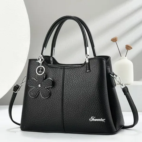 Elegante Borsa a Mano da Donna Motivo Litchi Ciondolo a Fiore Pelle PU Tracolla Borsa a Spalla Pendolare Cartella da Donna