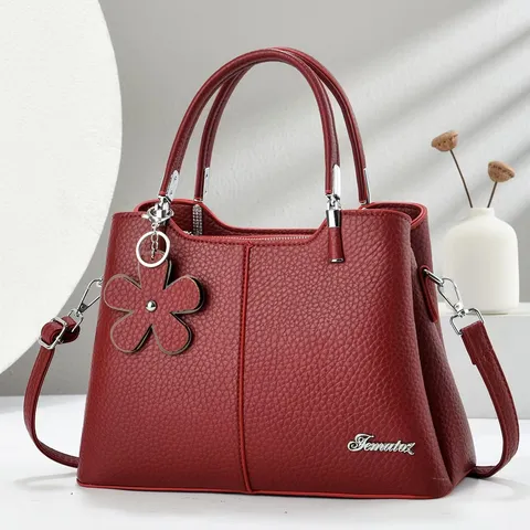Elegante Borsa a Mano da Donna Motivo Litchi Ciondolo a Fiore Pelle PU Tracolla Borsa a Spalla Pendolare Cartella da Donna