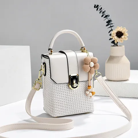 Vintage Vrouwen PU Leder Geweven Mini Box Crossbody Tas Prachtige Slot Sluiting Kleine Telefoontas Met Bloemenhanger Messenger Tas