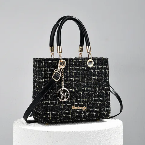 Women Tweed Top Handle Bag Luxury Designer Style Chain Crossbody Shoulder Bag Elegant Lady Square Handbag Satchel Purse