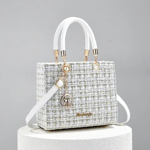 Women Tweed Top Handle Bag Luxury Designer Style Chain Crossbody Shoulder Bag Elegant Lady Square Handbag Satchel Purse