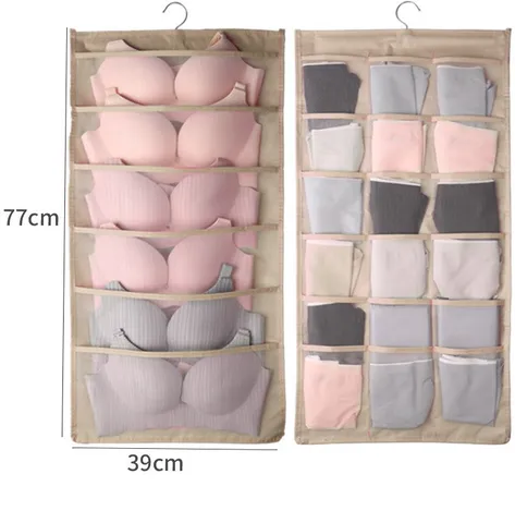 Sac de Rangement Suspendu Double Face Organisateur de Garde-Robe Tissu Non Tissé Multi Poches Soutien-Gorge Sous-Vêtements Chaussettes Support Mural