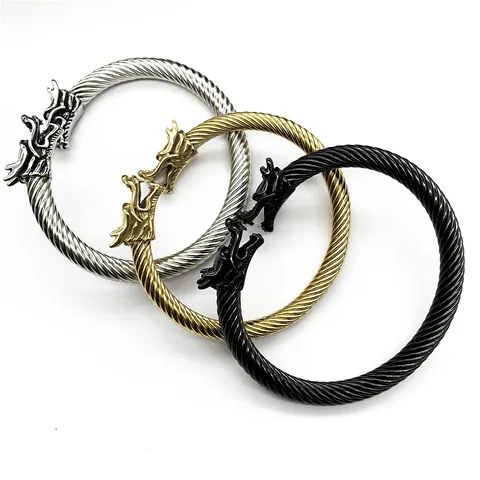 Bracelet Jonc Ouvert Tête de Dragon en Acier Inoxydable pour Hommes Punk Câble Métal Lourd Biker Bijou Cadeau