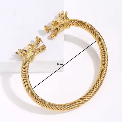 Bracelet Jonc Ouvert Tête de Dragon en Acier Inoxydable pour Hommes Punk Câble Métal Lourd Biker Bijou Cadeau