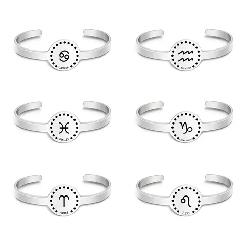 Bracelet Ouvert en Acier Inoxydable Douze Signes Du Zodiaque Pour Femme Jonc Réglable en Acier au Titane Bijoux Simples Argent