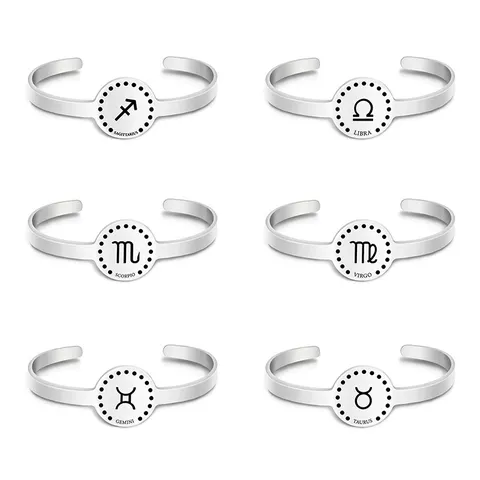 Bracelet Ouvert en Acier Inoxydable Douze Signes Du Zodiaque Pour Femme Jonc Réglable en Acier au Titane Bijoux Simples Argent