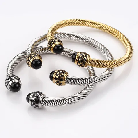 Bracelet Jonc Ouvert en Câble Torsadé en Acier Inoxydable Minimaliste pour Hommes Motif à Carreaux Extrémités en Perles d'Onyx