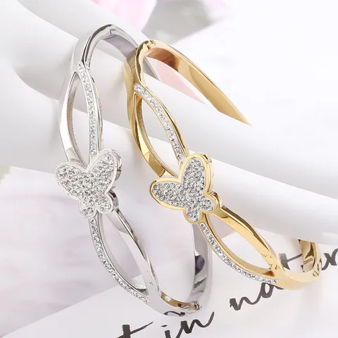 Bracelet Jonc Papillon en Acier Inoxydable pour Femmes Élégant Bracelet de Manchette Floral en Strass Bijoux Cadeau