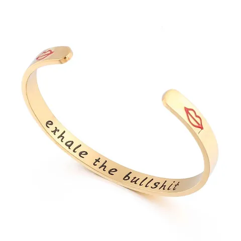 Bracelet Jonc en Acier Inoxydable Gravé Lettre Exhale The Bullshit Empreinte de Lèvres Manchette Ouverte Bijoux Tendance Cadeau