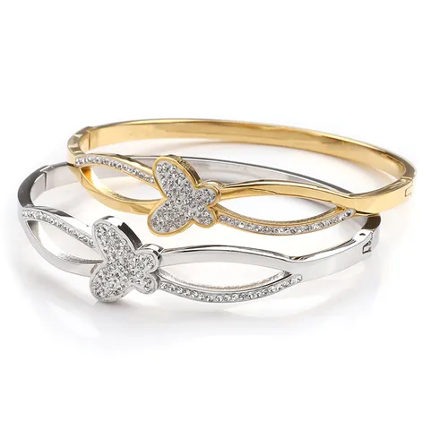 Bracelet Jonc Papillon en Acier Inoxydable pour Femmes Élégant Bracelet de Manchette Floral en Strass Bijoux Cadeau