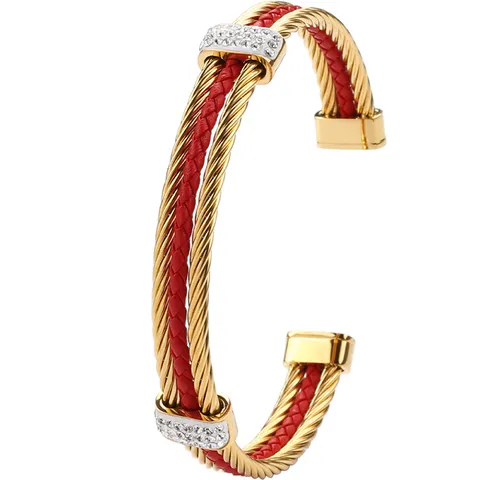 Bracelet Jonc Ouvert en Acier Inoxydable Style Occidental Câble Entrelacé Cuir Accent Strass Mode Manchette pour Femmes Bijoux